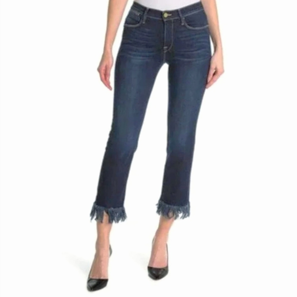 Frame Le High Straight Pine Knoll Boho Chic Blue Fringe Crop Jeans Sz 24